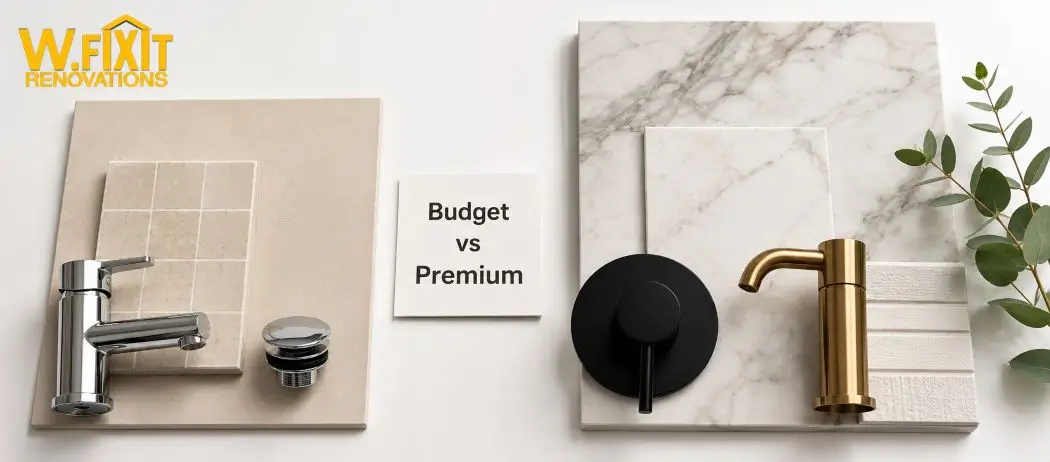 Bathroom renovation material selection Melbourne – budget ceramic tiles vs premium porcelain with matte black fixtures