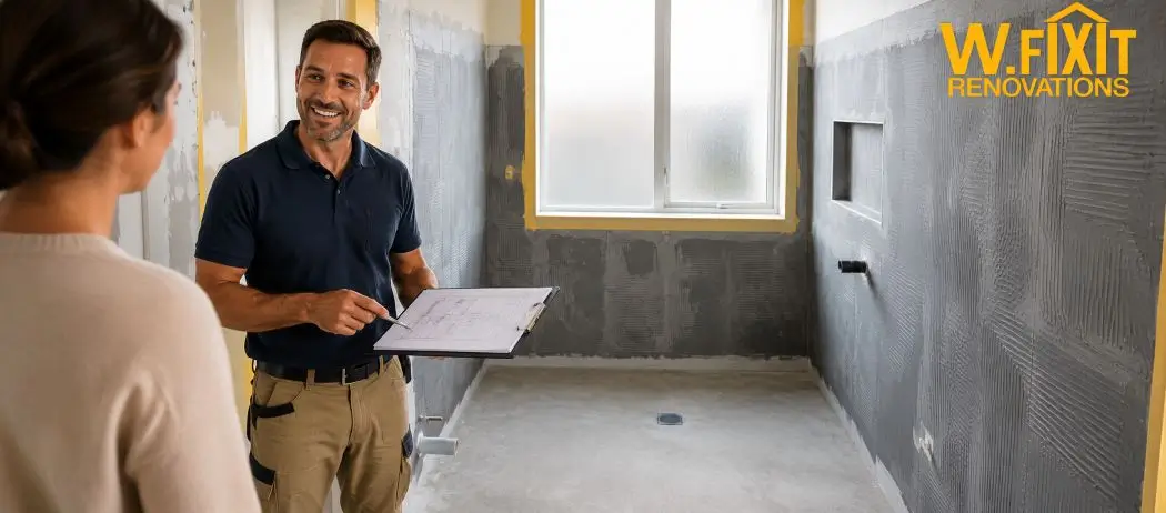 Licensed bathroom renovation contractor reviewing quote with homeowner in Melbourne South-East – W.FixIt free on-site quote