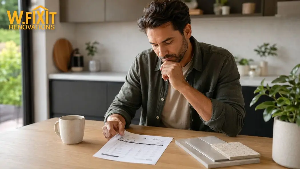 Melbourne homeowner reviewing an itemised bathroom renovation quote with tile samples on a kitchen table, planning a south-east Melbourne renovation