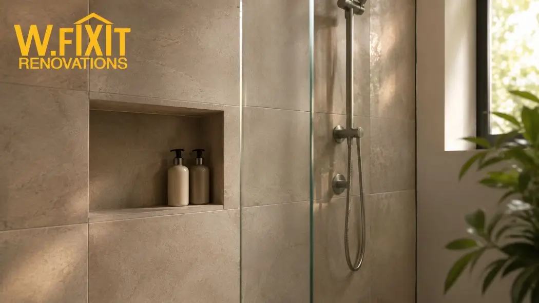 Floor-to-ceiling tiles and frameless shower screen in a small bathroom design