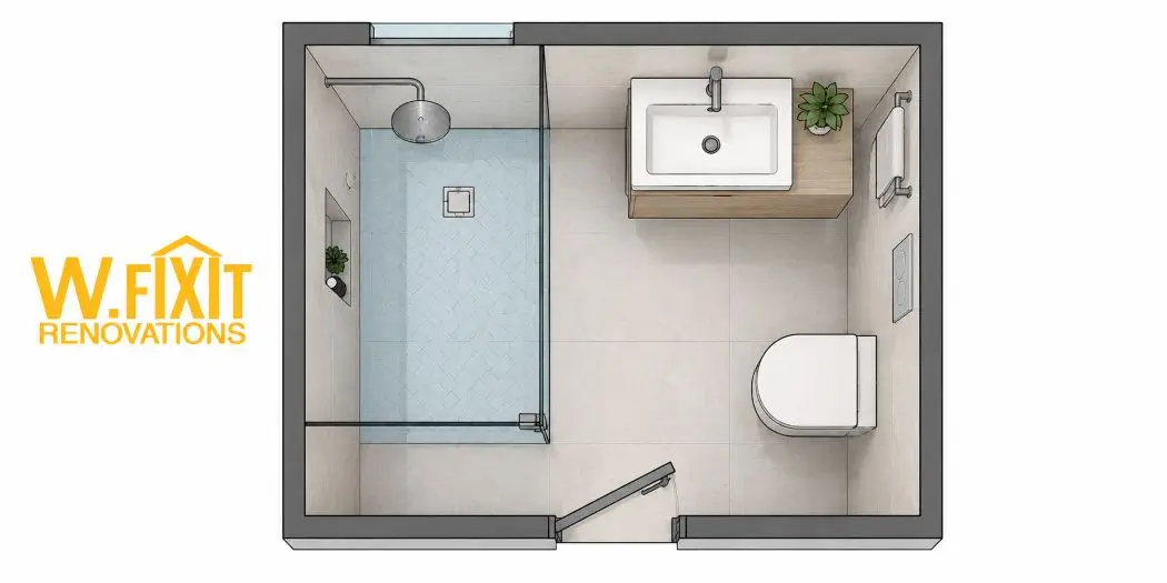 Small bathroom layout diagram with walk-in shower and wall hung vanity placement