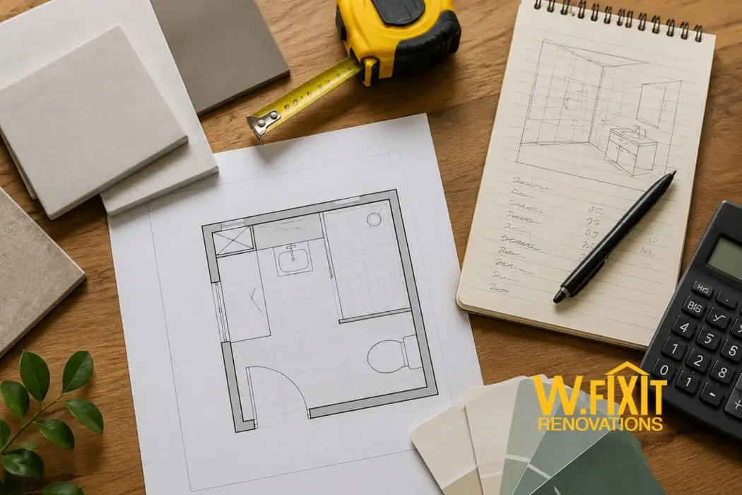 Planning the cost of a small bathroom renovation with tile samples and budget notes