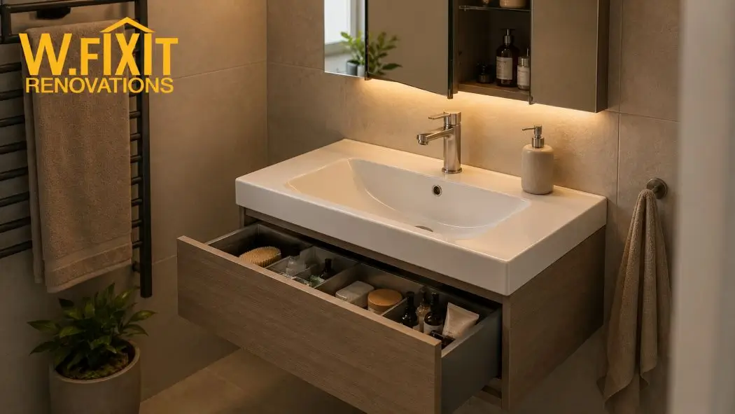 Wall hung vanity with drawer storage solutions for a small bathroom