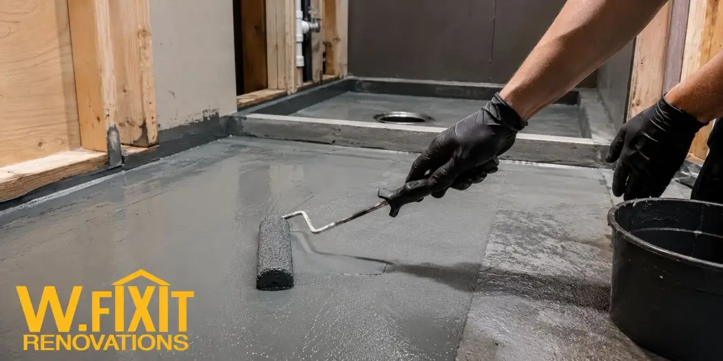 Licensed tradesperson waterproofing a small bathroom before tiling
