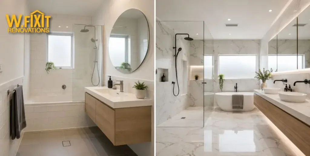 Side-by-side comparison of small budget bathroom and large luxury ensuite renovation cost in Melbourne