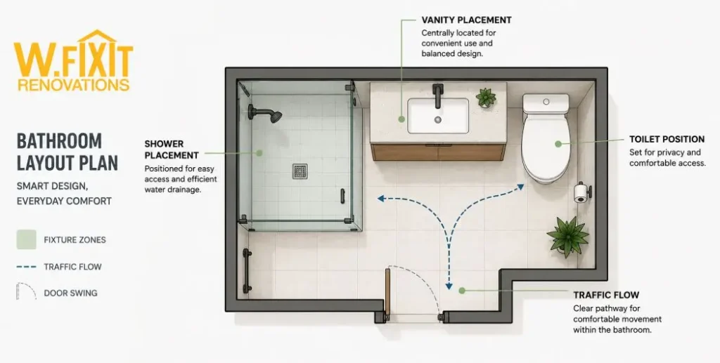 bathroom-fixture-placement-floor-plan Annotated bathroom floor plan showing shower vanity and toilet fixture placemen