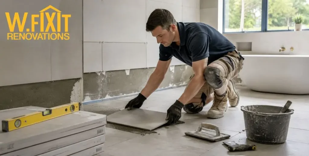 Tradesperson tiling a bathroom during a Melbourne bathroom renovation cost breakdown project