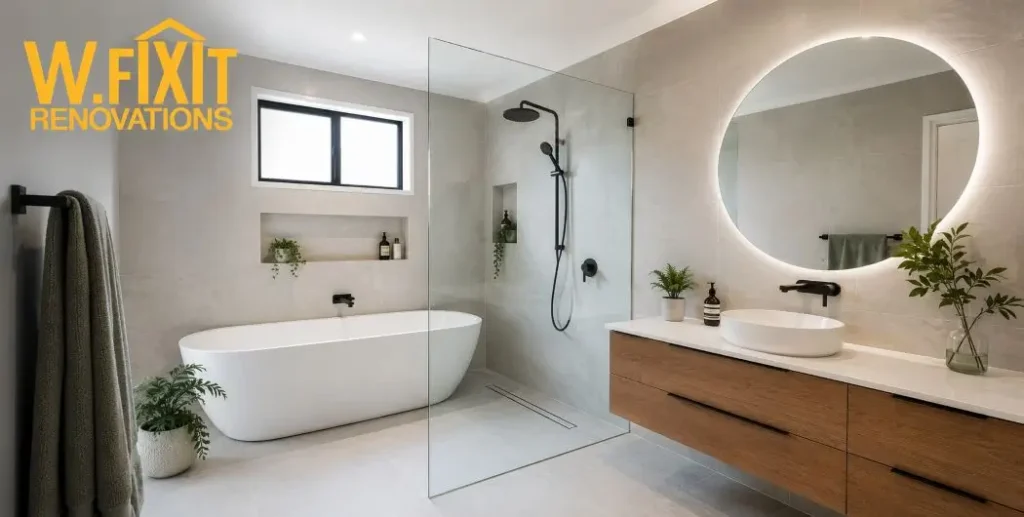 Modern finished bathroom renovation in Dandenong with grey tiling and floating vanity
