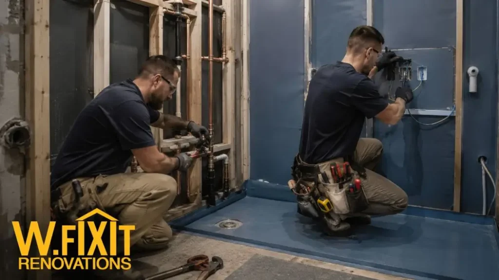 Plumber and electrician completing labour work during a bathroom renovation in Melbourne