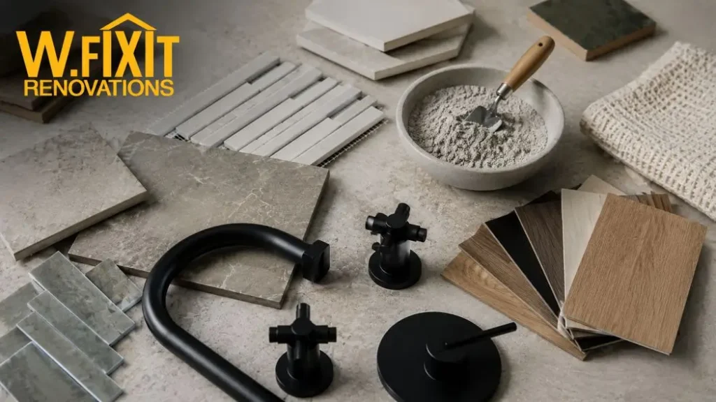 Tile and tapware material samples used to estimate bathroom renovation material costs
