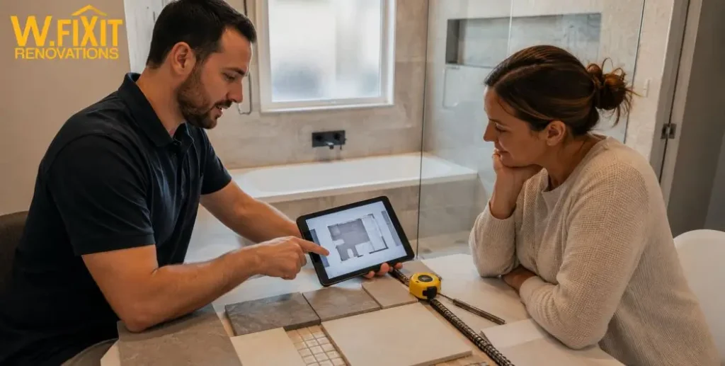 Homeowner and consultant reviewing bathroom renovation quote in Melbourne