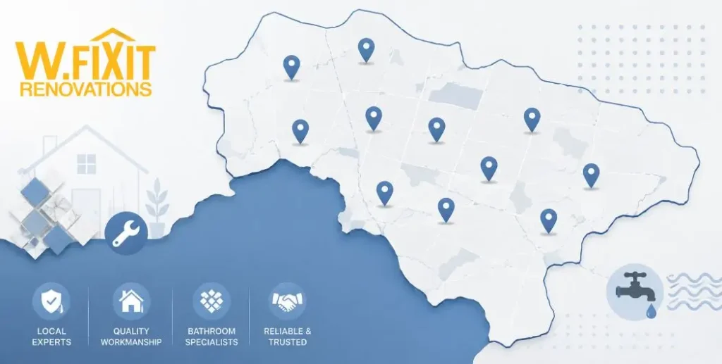Service area map icon for bathroom renovation across South-East Melbourne suburbs