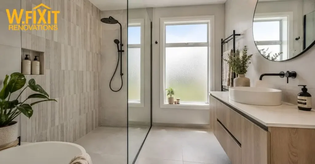 Modern bathroom renovation in Frankston with coastal-inspired tiling and finishes