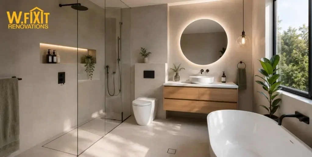 Modern bathroom renovation in south-east Melbourne with floating vanity and glass shower screen