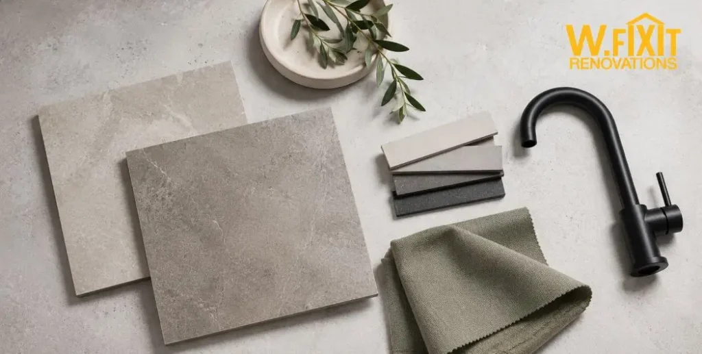 Bathroom renovation tile and fixture material samples flat lay