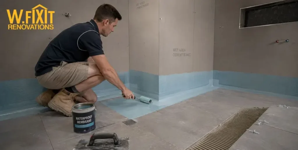 Licensed tradesperson waterproofing a bathroom to AS 3740 standard in Melbourne