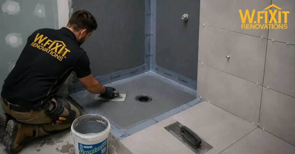 Licensed tradesperson waterproofing a bathroom shower recess in Dandenong before tiling