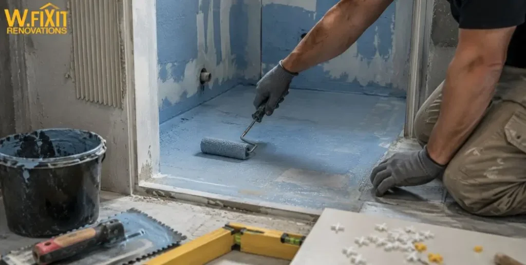 Licensed tradesperson waterproofing a bathroom before tiling in Melbourne