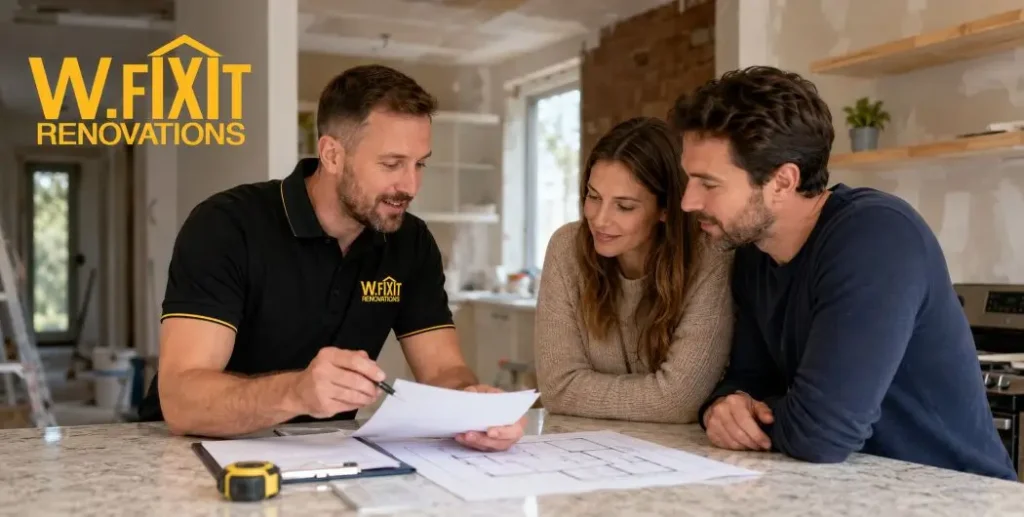 Homeowners reviewing a renovation quote with a licensed contractor in Melbourne