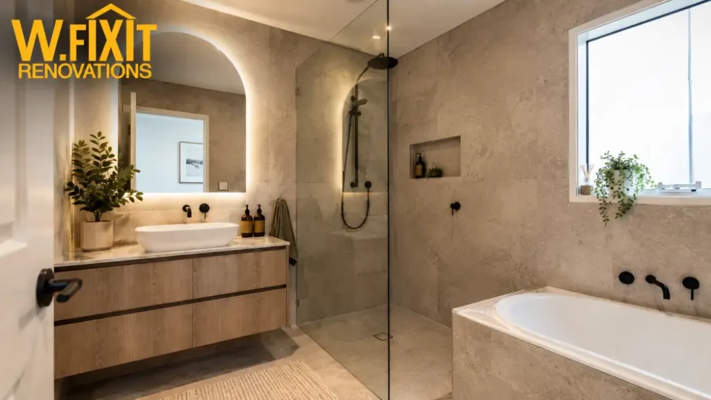 Finished bathroom renovation in Melbourne's south-east showing quality tiling and modern fixtures