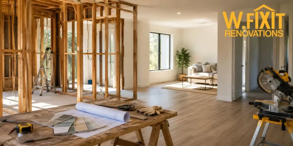 Home renovation planning in Melbourne showing a mid-renovation living space with floor plans and tools