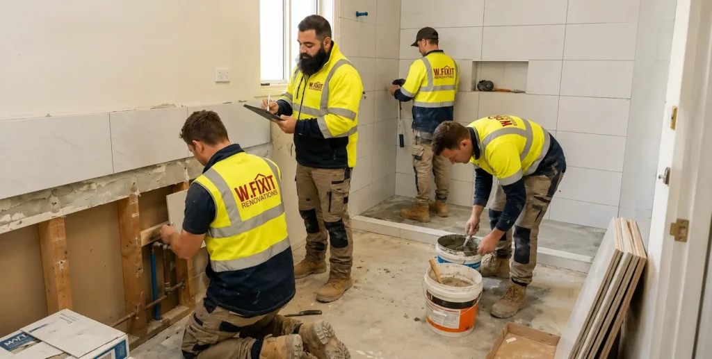 Licensed bathroom renovator tiling during a Melbourne renovation project