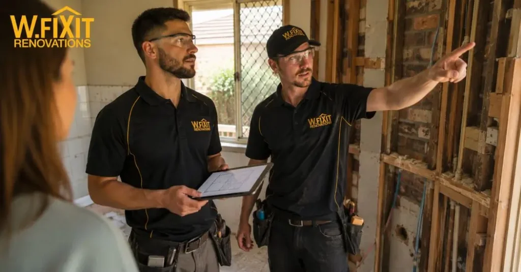Licensed bathroom renovators discussing renovation plans on site in Dandenong