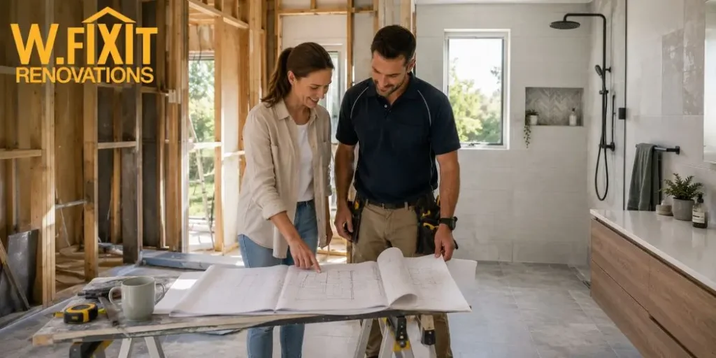 Homeowner and tradesperson reviewing renovation permits Victoria plans on site