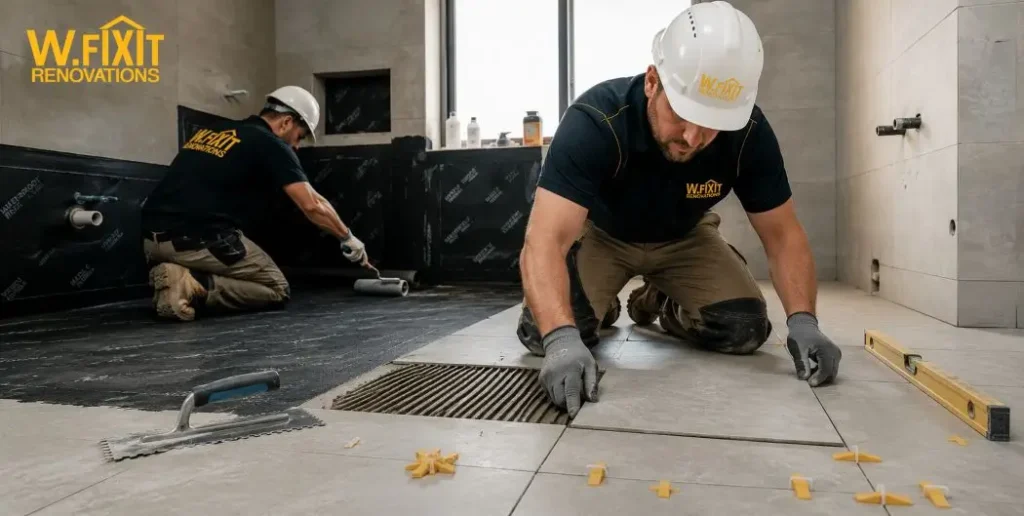 Tradespeople completing waterproofing and tiling stages in a Melbourne home renovation timeline