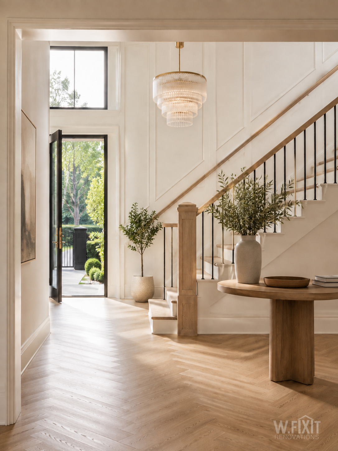 Modern home renovation in Berwick by WFixit featuring grand entrance, staircase and herringbone timber flooring