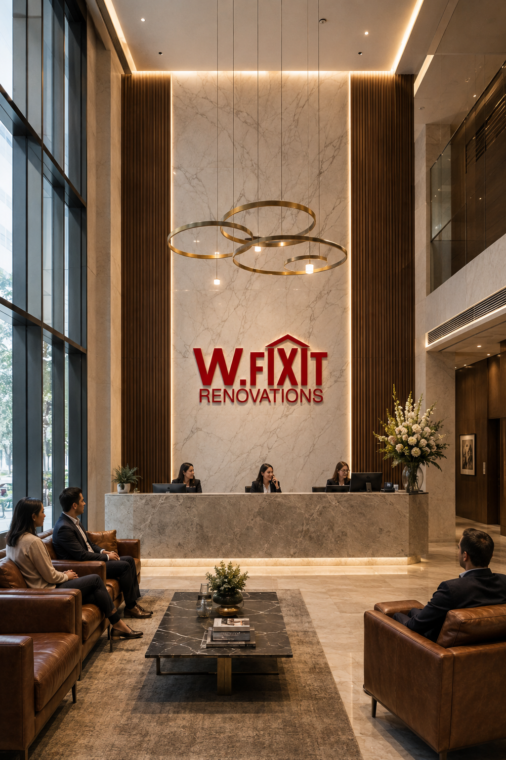 Luxury reception concept for WFixit featuring marble reception desk, high ceiling and client waiting area