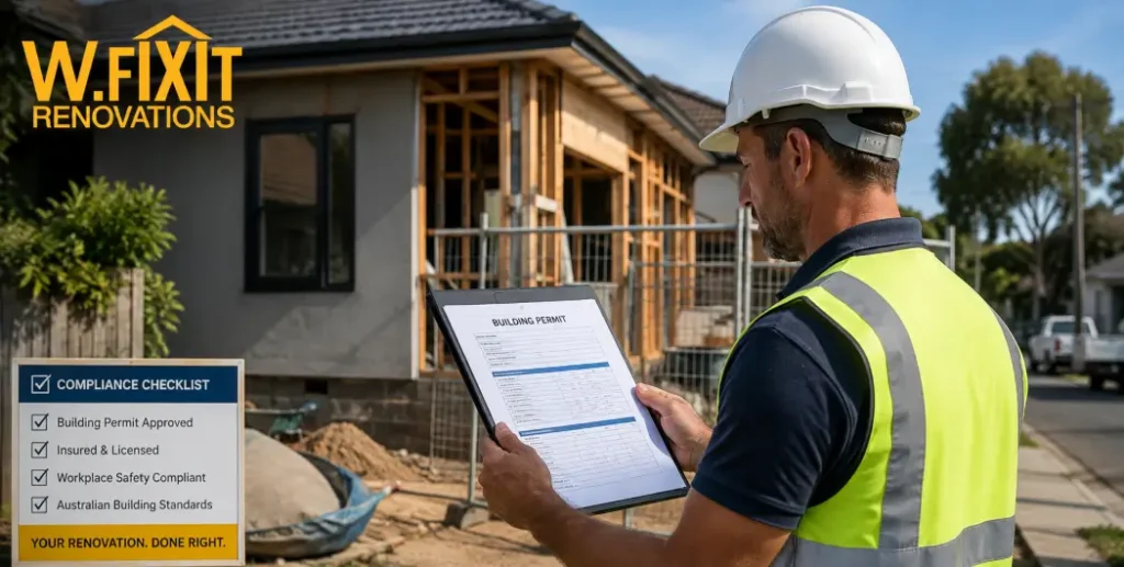 licensed-contractor-building-permit-melbourne Licensed contractor reviewing building permit compliance for Melbourne renovation