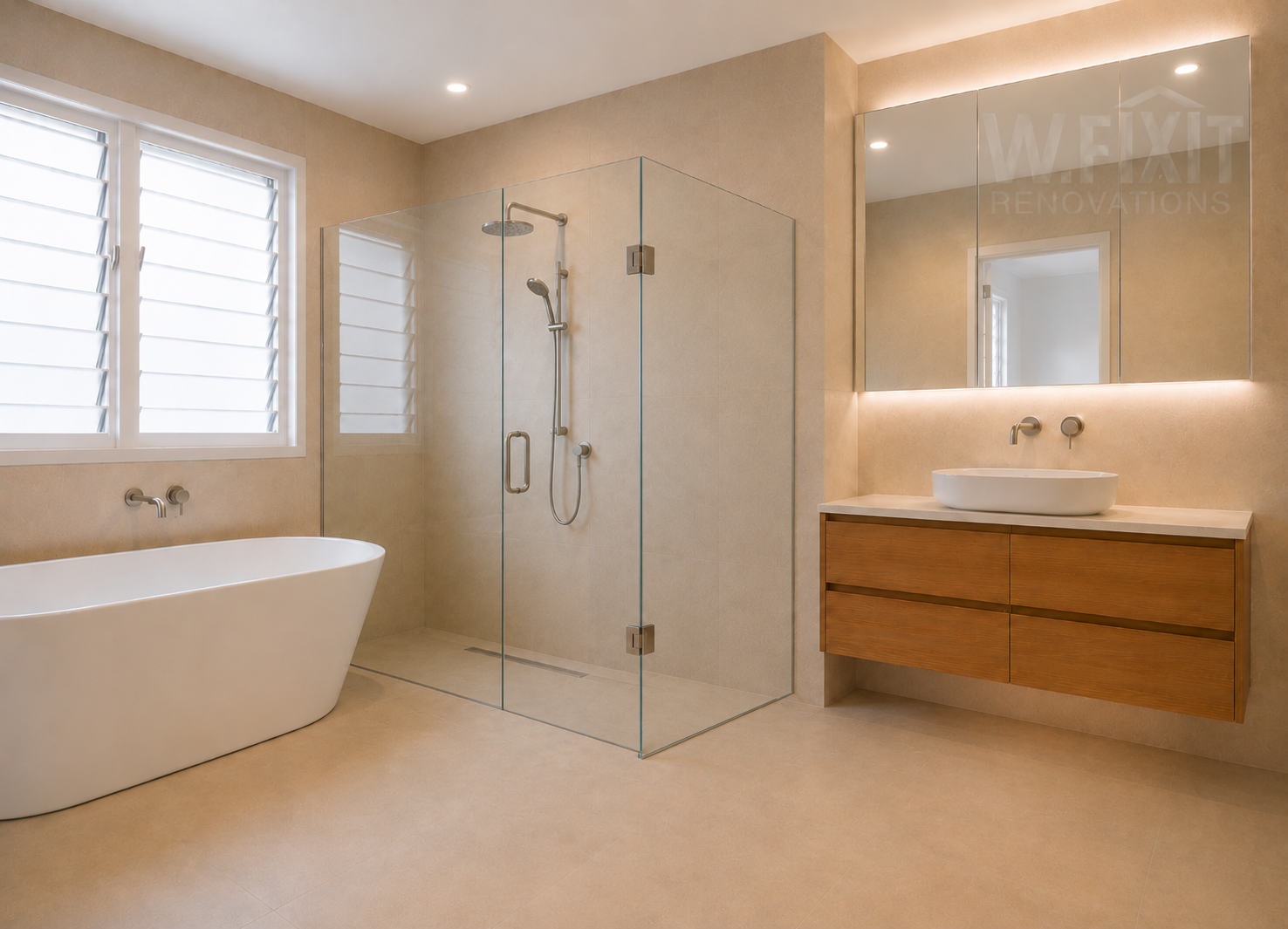 Modern bathroom renovation in Melbourne by WFixit featuring frameless glass shower, bathtub, vanity and contemporary finishes
