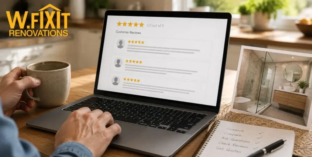 renovation-contractor-reviews-portfolio-melbourne Homeowner reviewing renovation contractor portfolio and customer reviews online